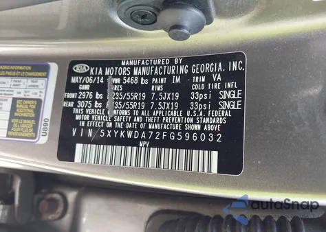 2015 Kia Sorento Sx V6 z USA, uszkodzony, nr VIN 5XYKWDA72FG596032